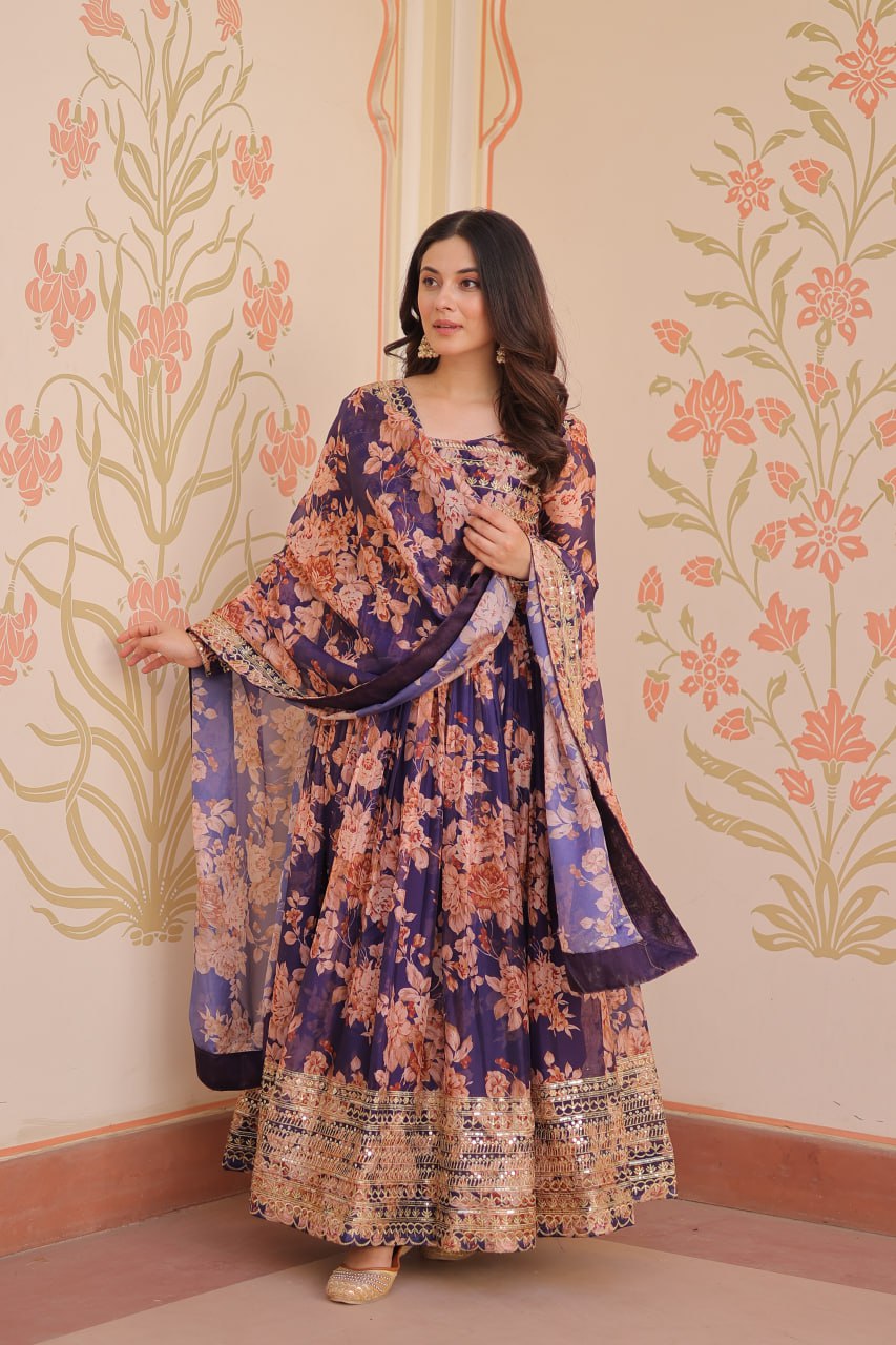 Purple Color Russian Silk Rich Digital Print With Embroidered Sequins Work Gown