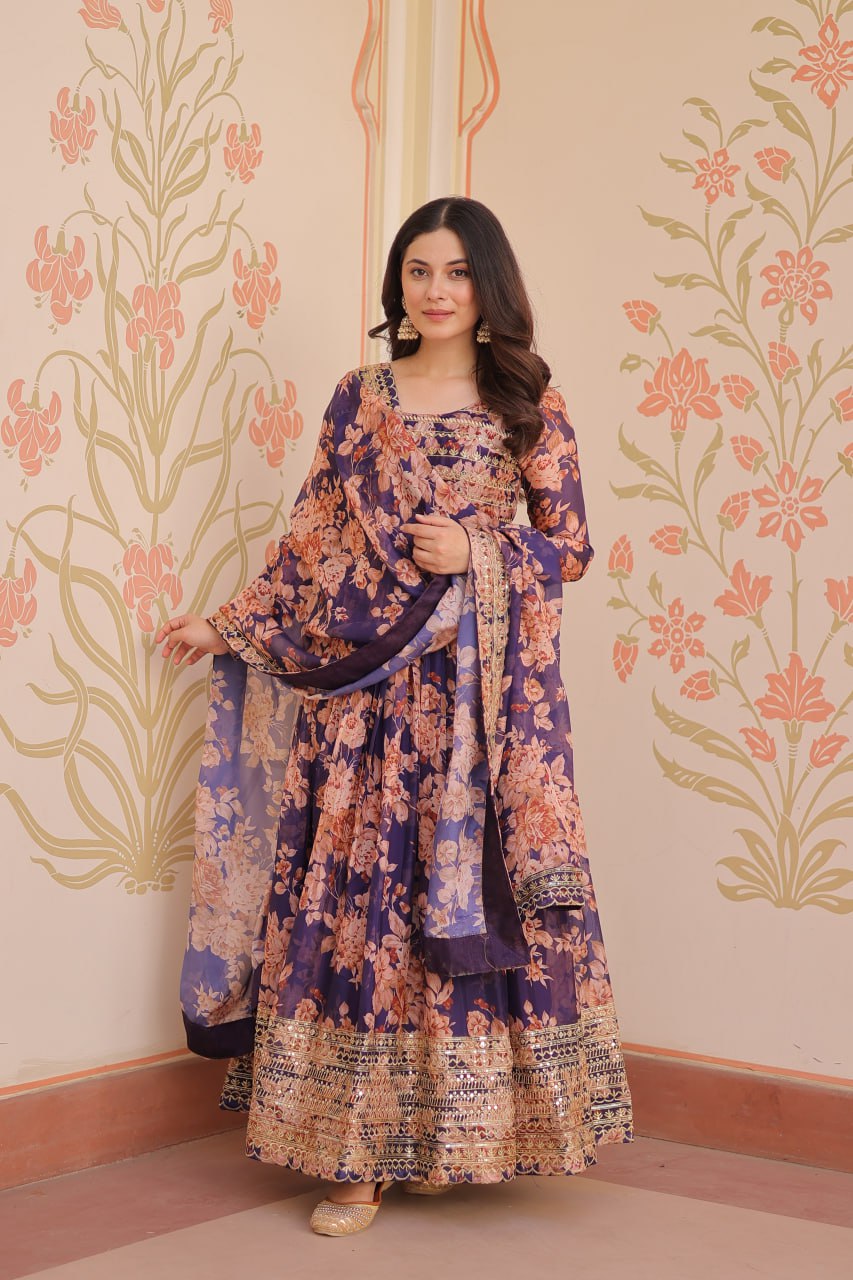 Purple Color Russian Silk Rich Digital Print With Embroidered Sequins Work Gown