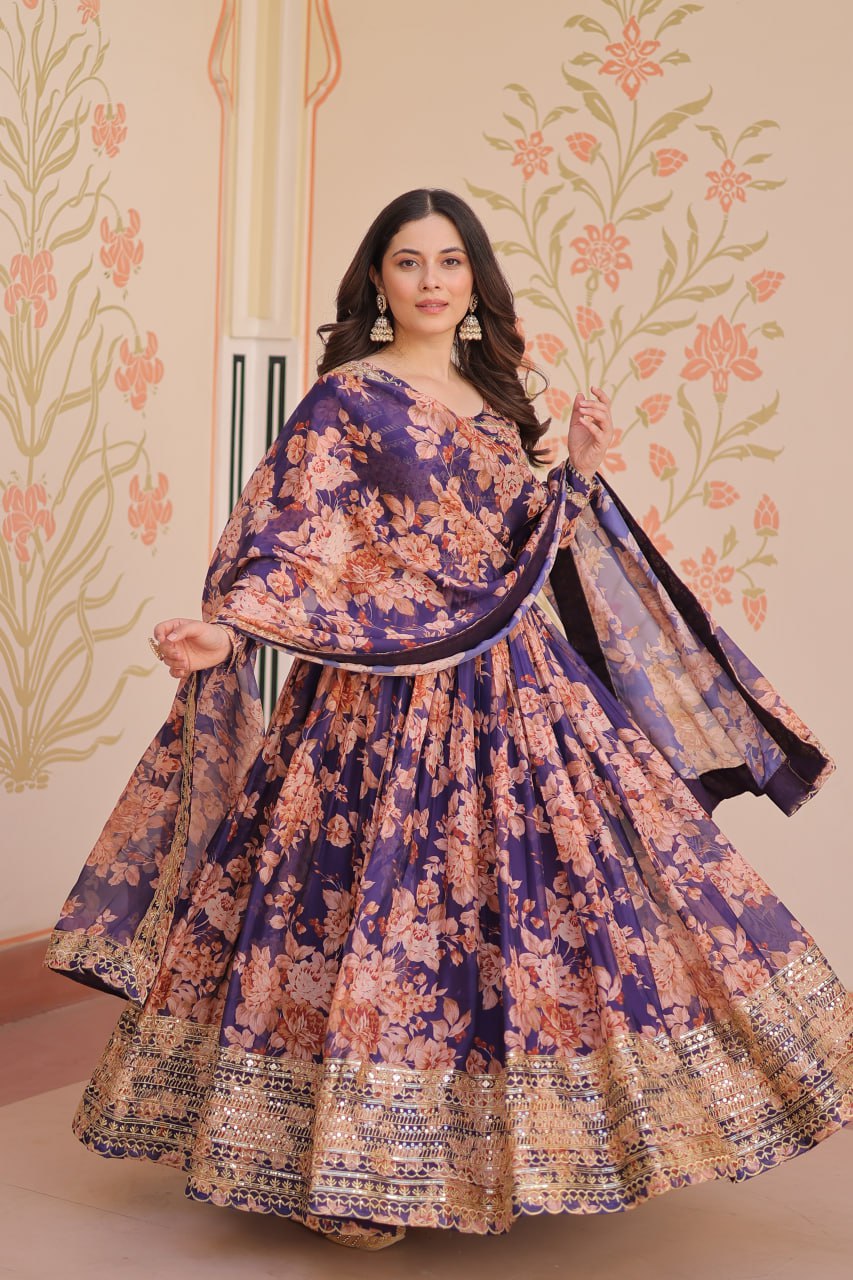 Purple Color Russian Silk Rich Digital Print With Embroidered Sequins Work Gown