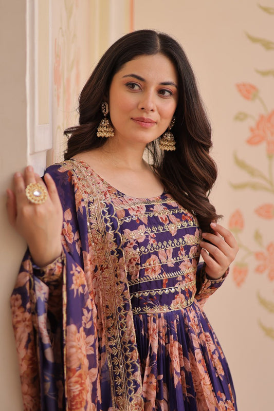 Purple Color Russian Silk Rich Digital Print With Embroidered Sequins Work Gown