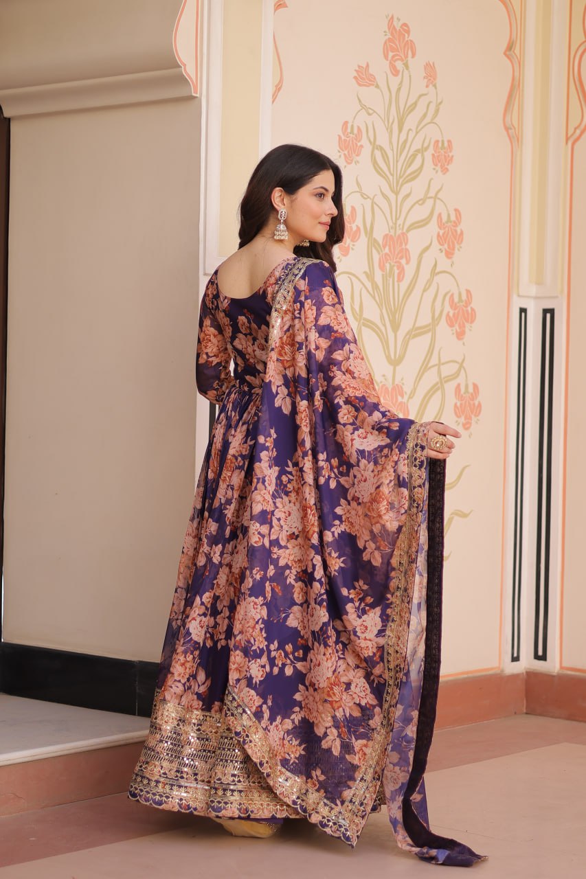 Purple Color Russian Silk Rich Digital Print With Embroidered Sequins Work Gown