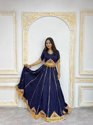 Navy blue mirror work Navratri lehenga choli with dupatta for dandiya