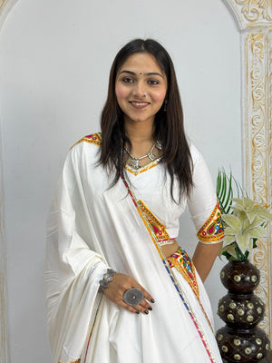 Garba chaniya choli white with traditional mirror work border and dupatta