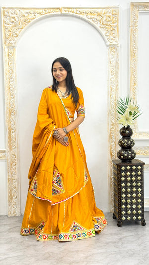 Traditional Gujarati Navratri chaniya choli mustard with mirror work for garba