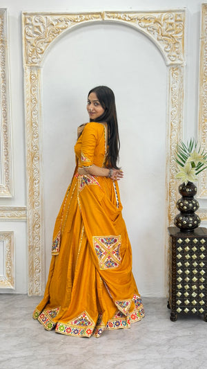 Mustard yellow mirror work Navratri lehenga choli with dupatta for dandiya