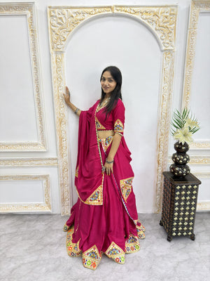 Rani pink mirror work Navratri lehenga choli with dupatta for dandiya