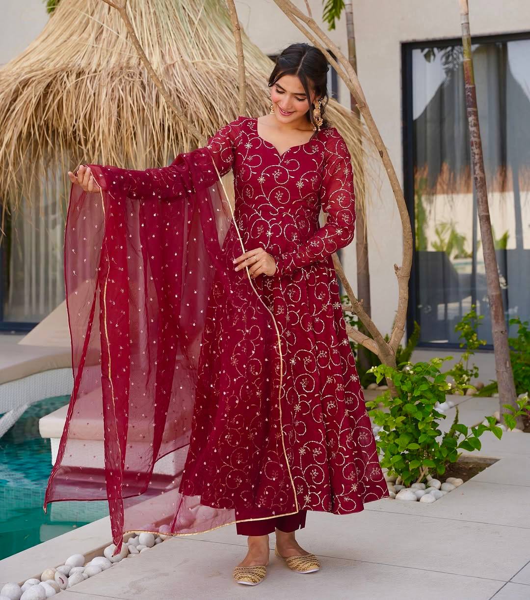 Maroon Georgette With Embroidery Sequence Work Anarkali Salwar Suit