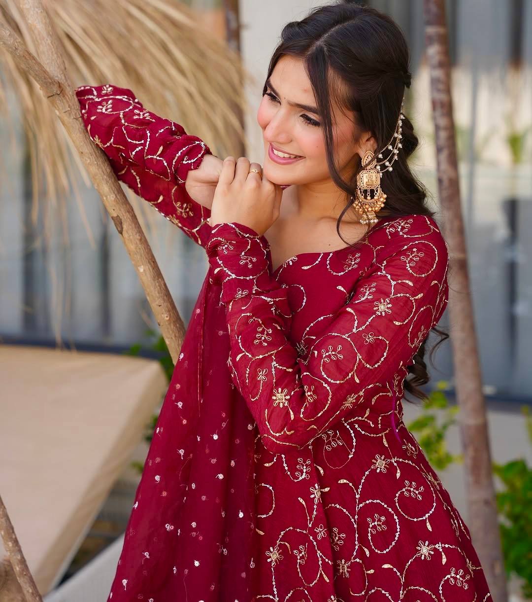 Maroon Georgette With Embroidery Sequence Work Anarkali Salwar Suit