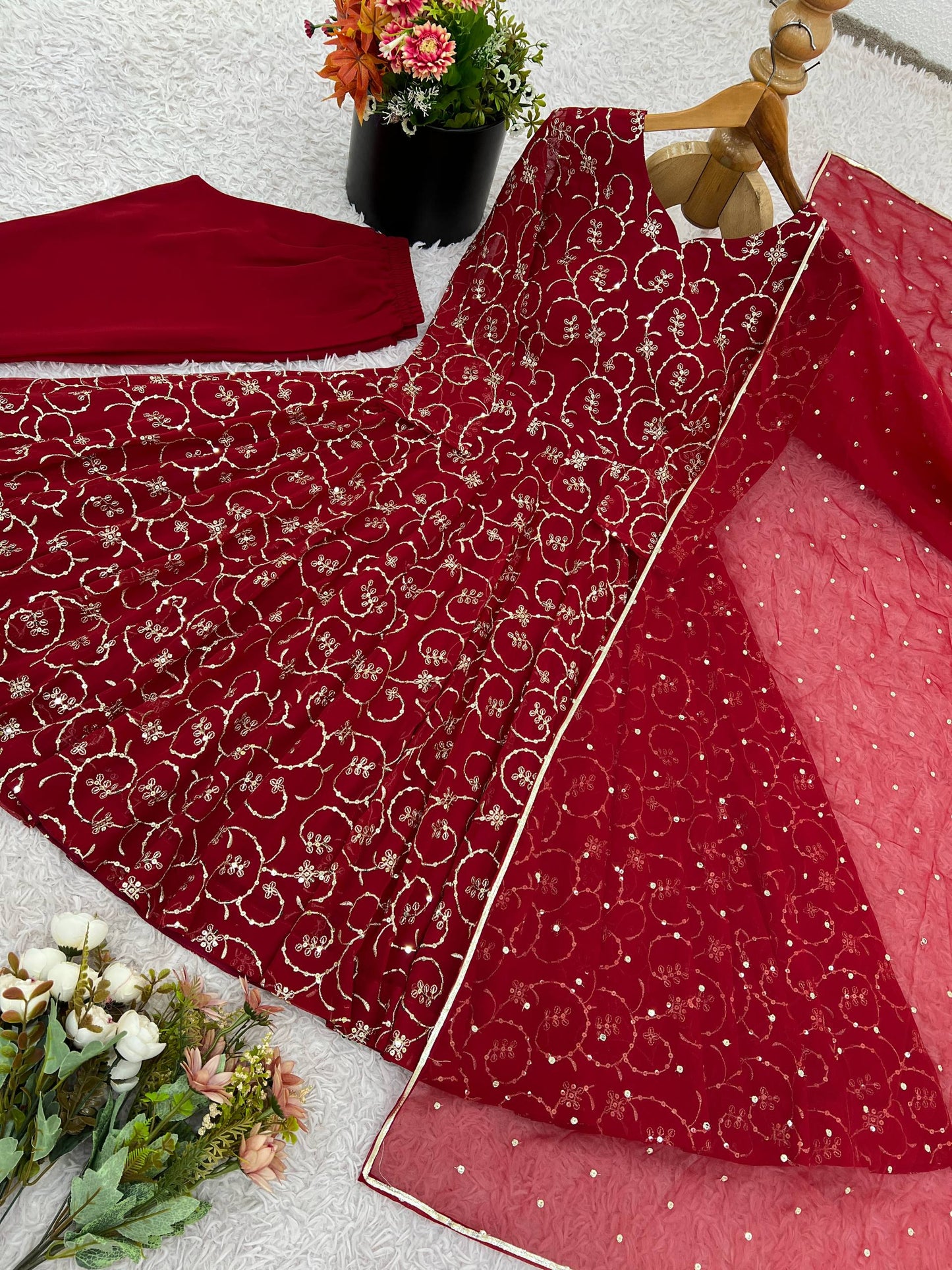 Maroon Georgette With Embroidery Sequence Work Anarkali Salwar Suit