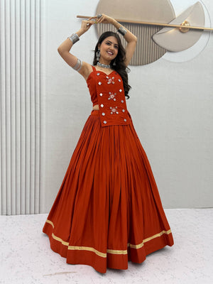 Boho Navratri lehenga choli rust orange with mirror and shell hand work for garba