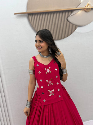 Garba lehenga choli rani pink with cowrie shell mirror work long crop top