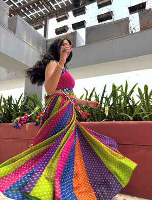 Rainbow bandhani Navratri chaniya choli twirl showing kali flare and kodi kandora belt