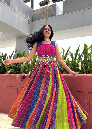 Multicolour rainbow bandhani georgette cotton Navratri chaniya choli with mirror kandora belt