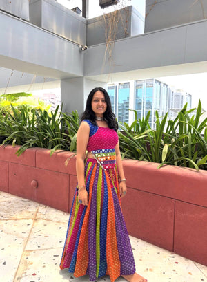 Garba chaniya choli rainbow bandhani print with rani pink crop top and kodi belt