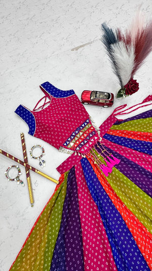 Traditional Gujarati rainbow chaniya choli with bandhej print for garba ready to wear