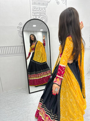Traditional Gujarati Navratri chaniya choli black with mirror thread work for garba