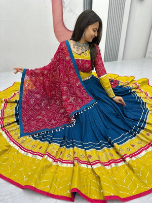 Navratri lehenga teal blue yellow with mirror work border and moti latkan dupatta