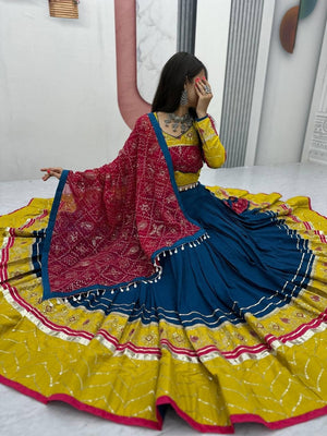 Traditional Gujarati Navratri chaniya choli teal blue with mirror thread work for garba