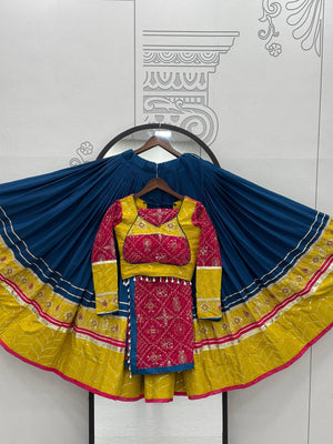 Teal blue yellow mirror work Navratri chaniya choli with bandhani dupatta ready to wear