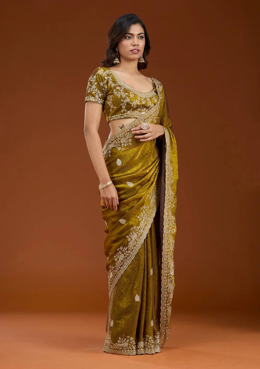 Mehandi Chiffon Silk Beautiful Sequence And Zari Embroidery Work Saree