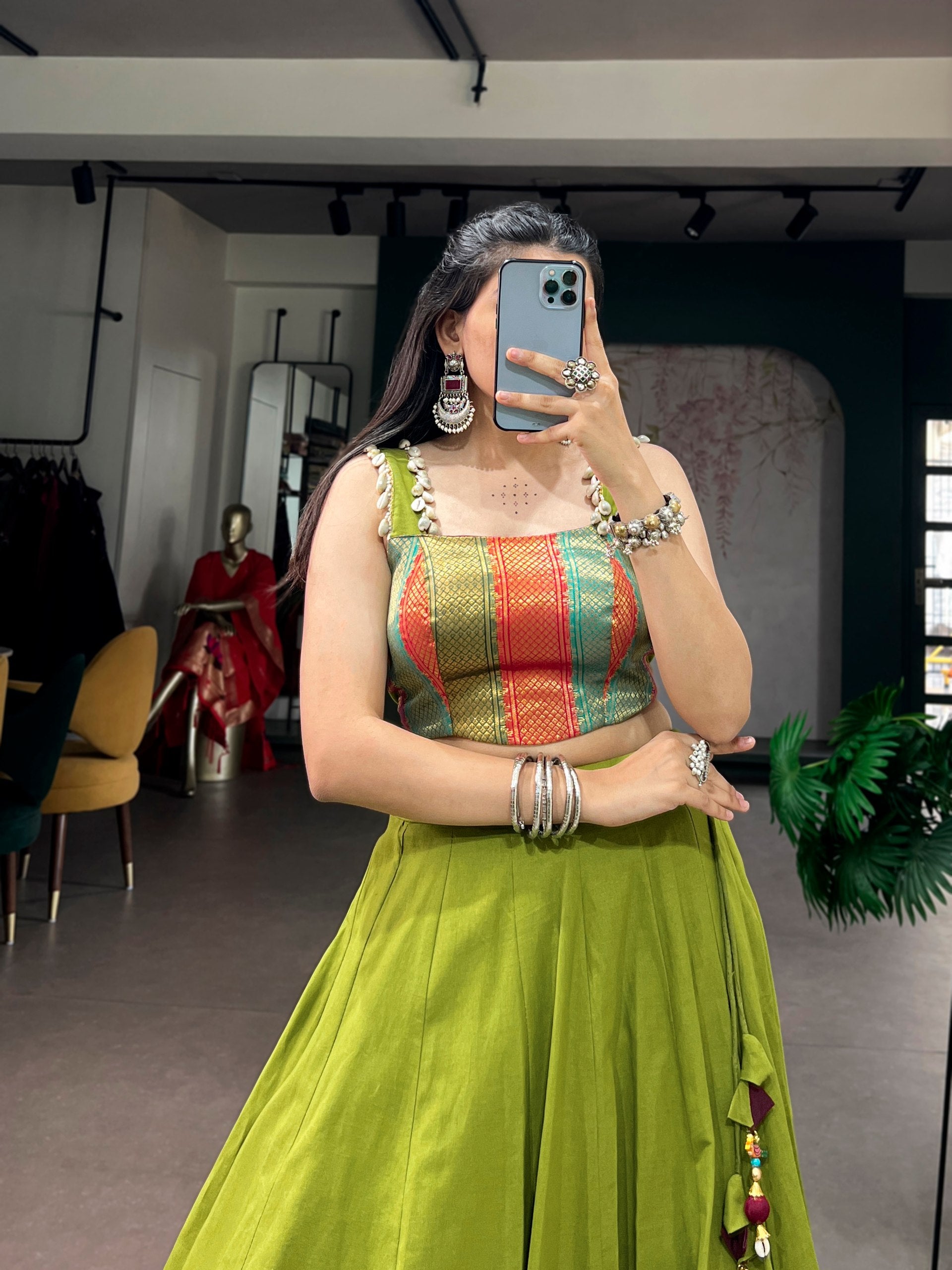 Olive Green Cotton Lehenga Enhanced with Zari Weaving Embossed Design Work and Delicate Lace Touch-Up Navratri Chaniya Choli Set