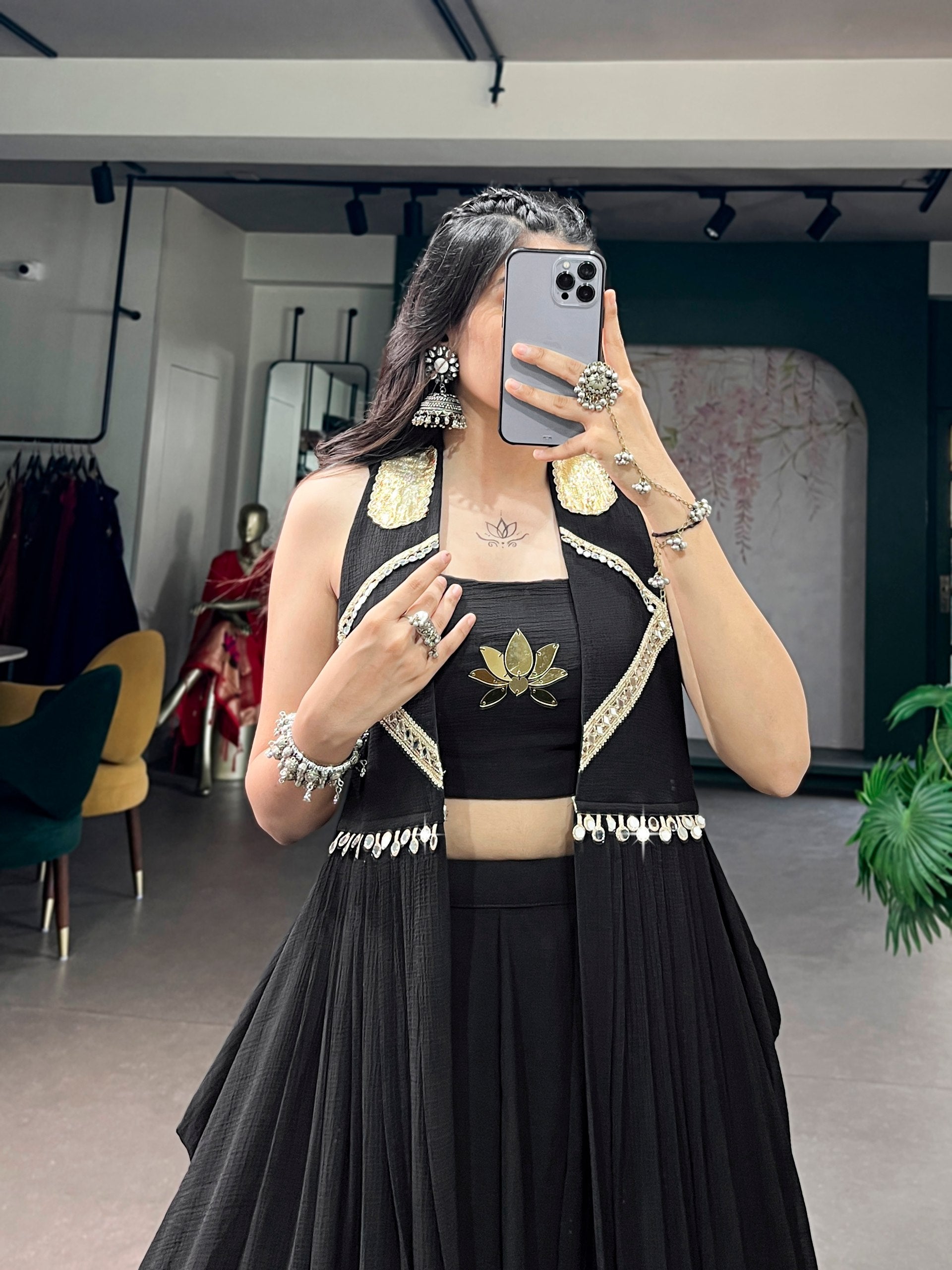 Black Feather-Light Flow Fabric With Golden Lotus Handwork & A Graceful Long Shrug Jacket Navratri Lehenga Choli Set