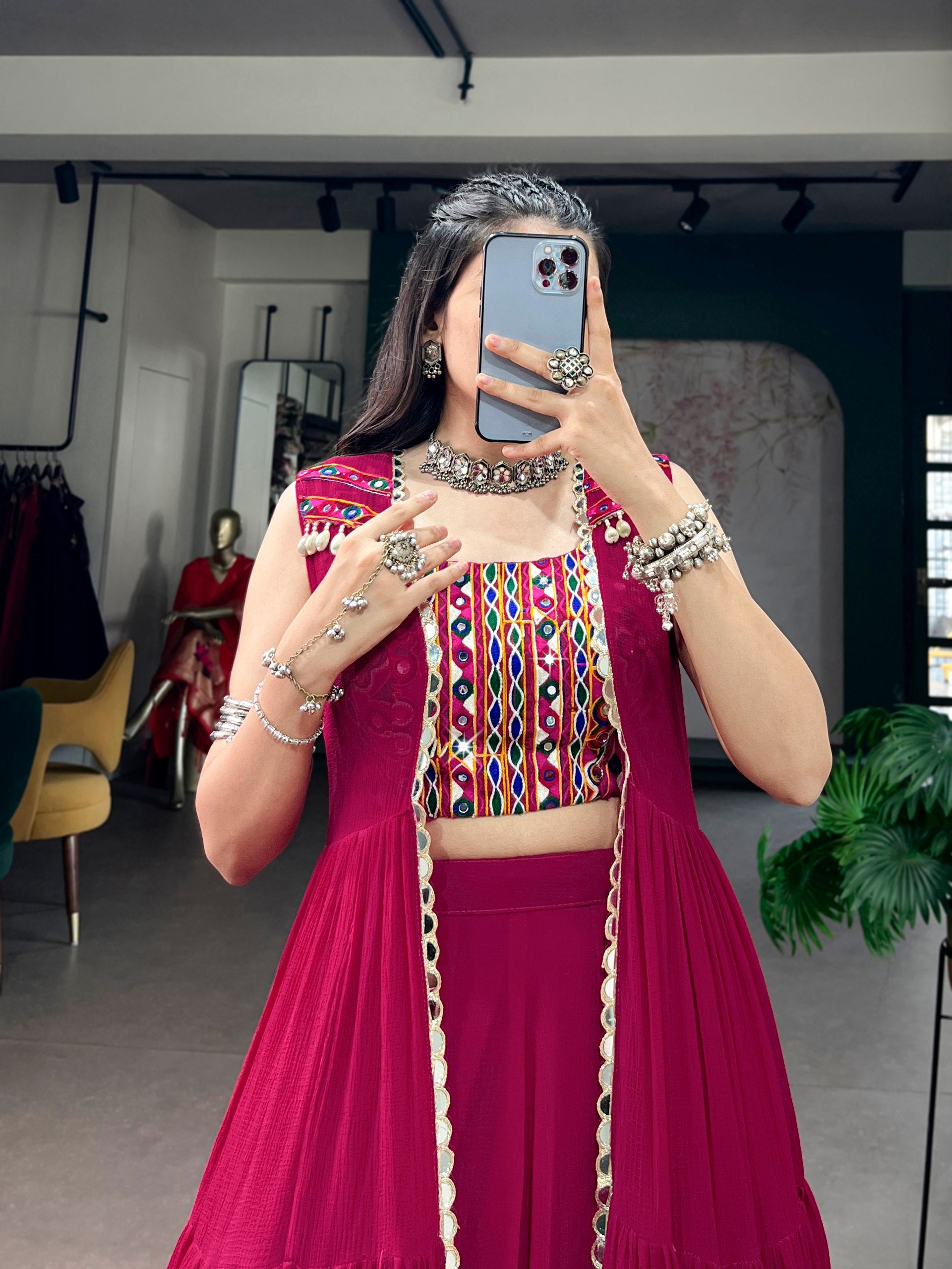 Rani Pink Lightweight Georgette Tiered Lehenga, Gamthi Work Blouse, Gota Patti Lace Detailing, And A Mirror-Adorned Long Koti Navratri Chaniya Choli Set
