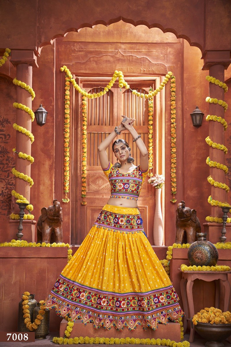 Yellow Rajwadi Mix Cotton Silk Bandhni Print With Gamti Real Mirror Navratri Lehenga Choli