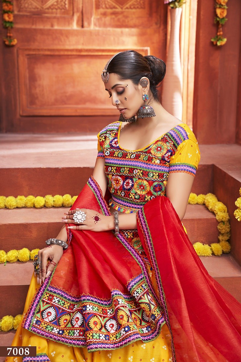 Yellow Rajwadi Mix Cotton Silk Bandhni Print With Gamti Real Mirror Navratri Lehenga Choli