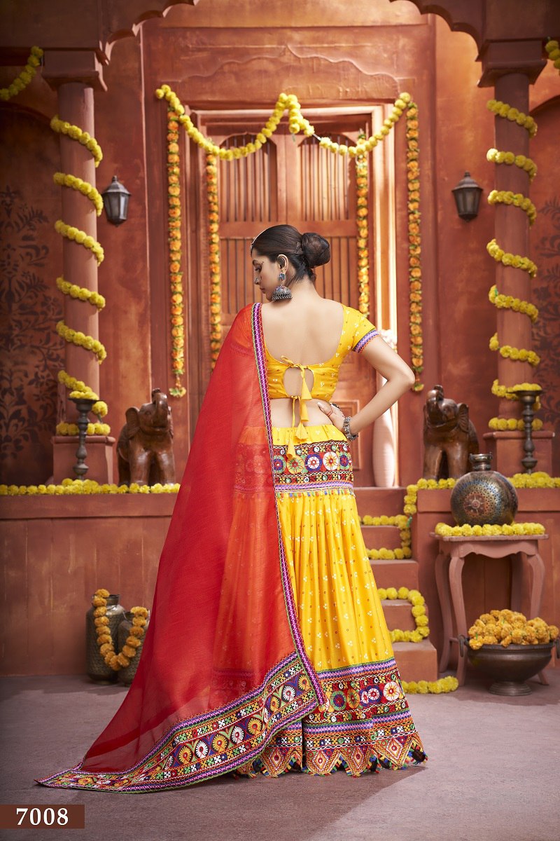 Yellow Rajwadi Mix Cotton Silk Bandhni Print With Gamti Real Mirror Navratri Lehenga Choli