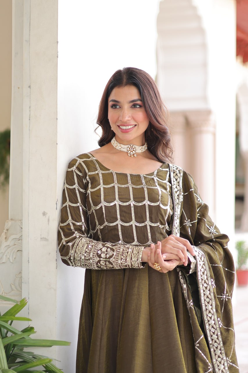 Mehandi Vichitra Silk With Sequins Zari Embroidered Lace Work Gown