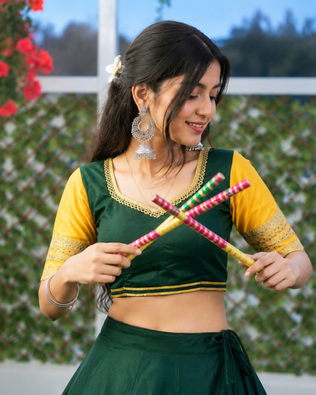 Garba lehenga choli green with yellow scalloped border and contrast sleeve blouse
