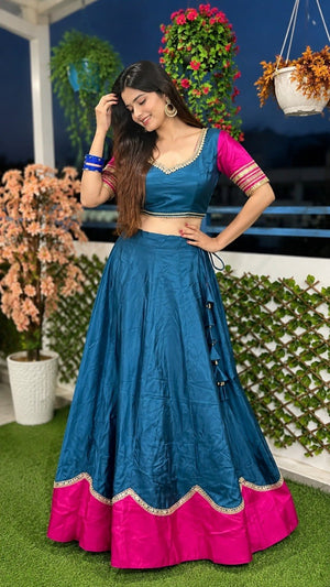 Teal blue and rani pink pure rayon Navratri lehenga choli with sequins lace