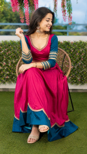 Navratri lehenga rani pink rayon with sequins lace and teal blue hem border