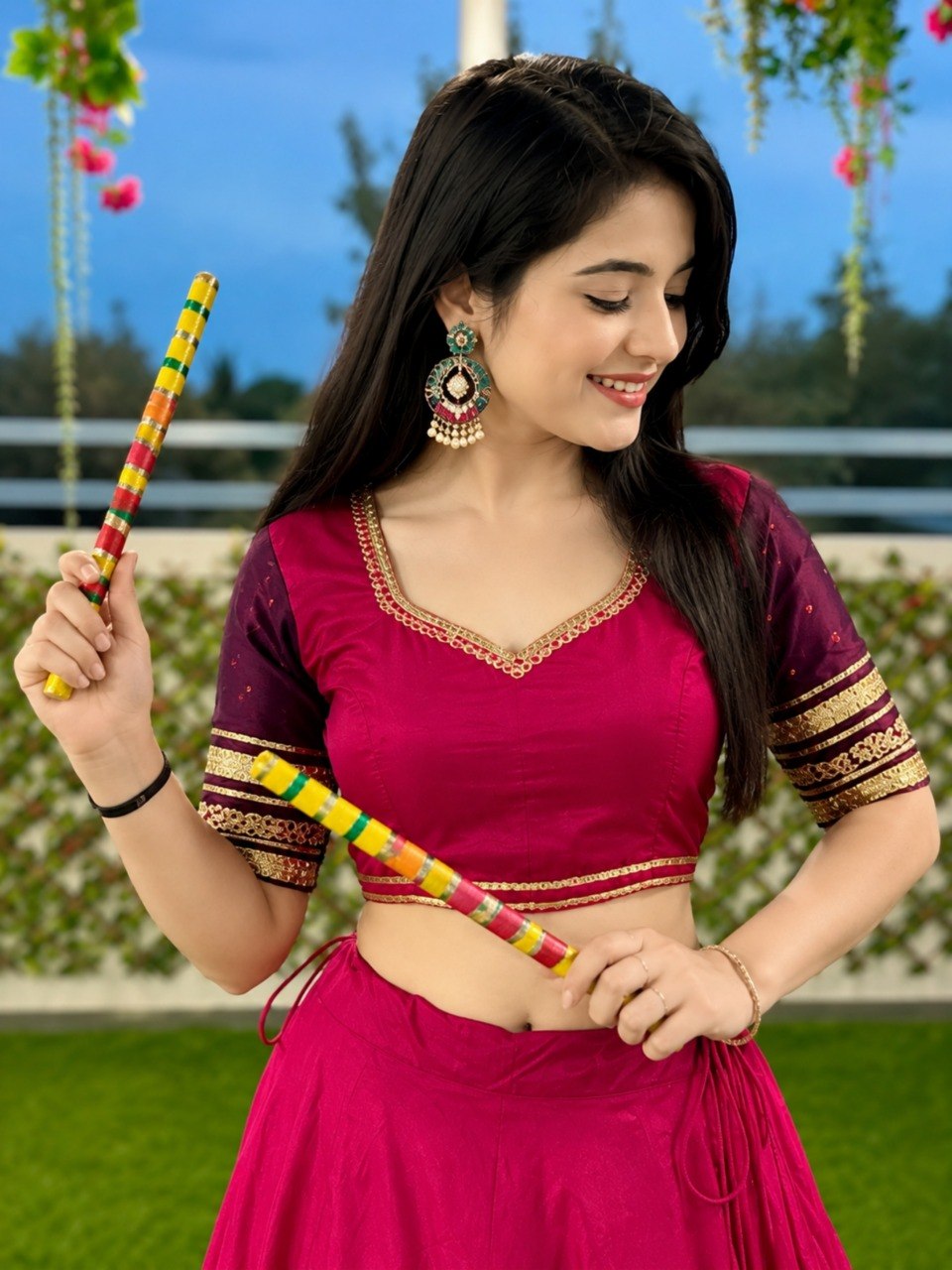 Garba lehenga choli rani pink with wine scalloped border and contrast sleeve blouse