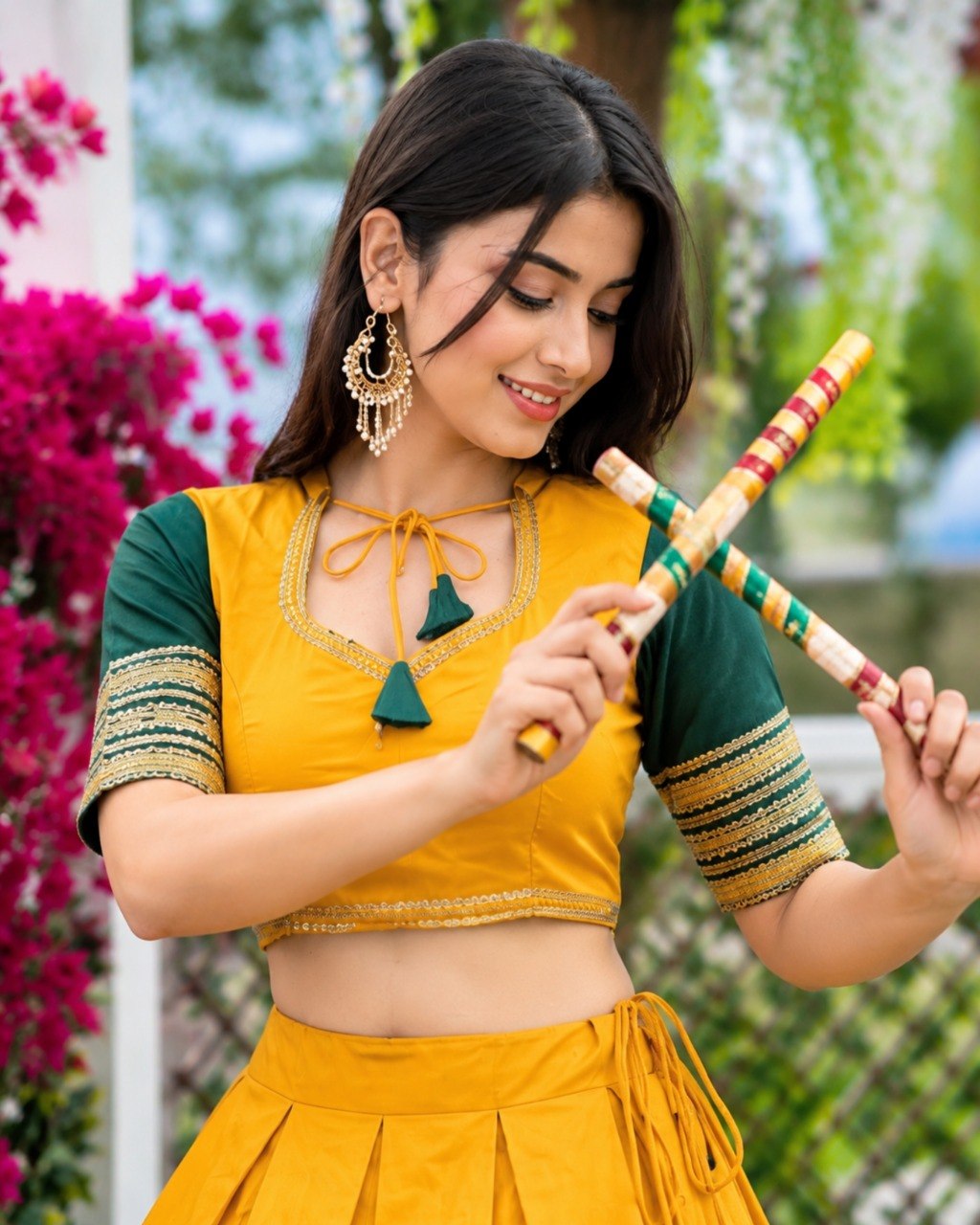 Navratri lehenga mustard yellow rayon with sequins lace and bottle green hem border