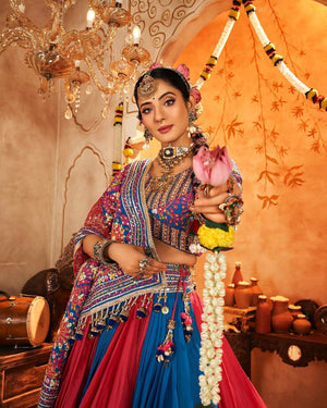 Traditional Gujarati garba lehenga choli pink blue contrast