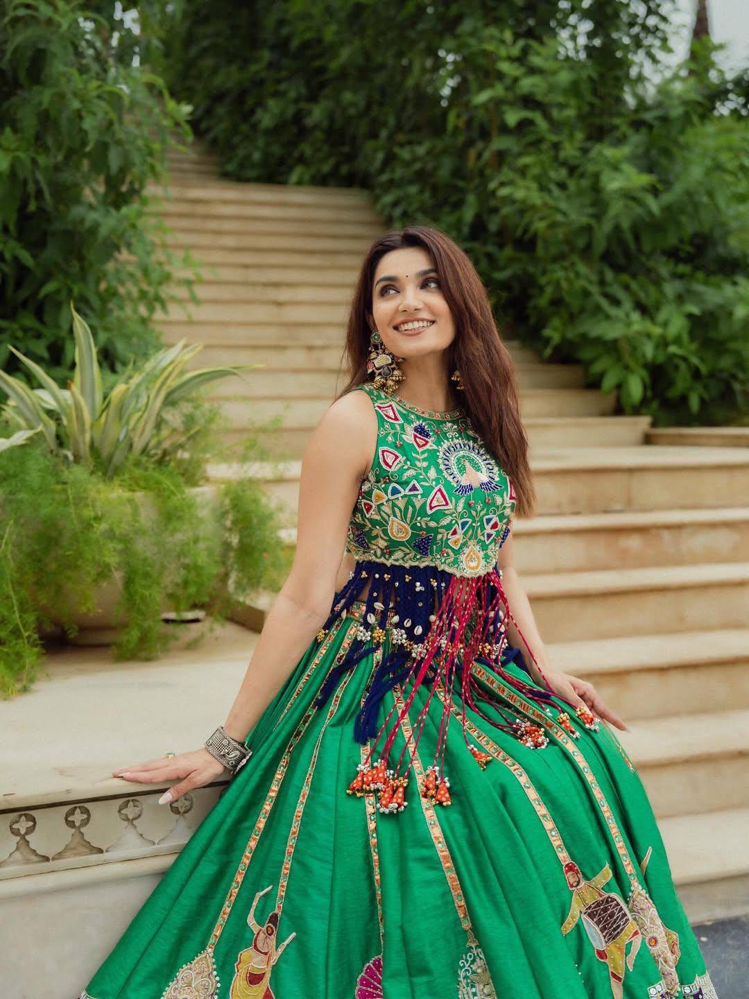 Emerald Green Heavy Muslin Cotton Navratri Lehenga Choli with Traditional Digital Print & Real Mirror Work