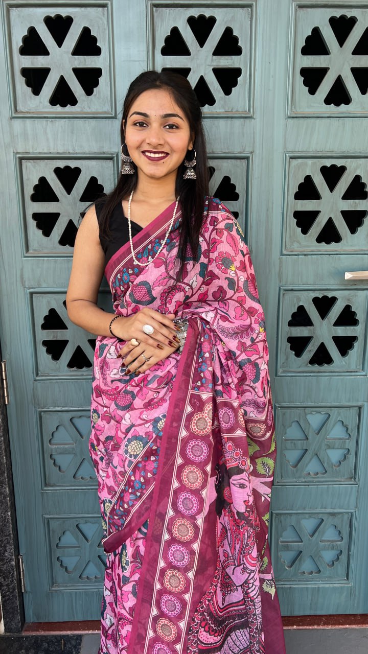 Wine Premium Lilan Cotton Digital Floral Print Traditional Artwork Saree