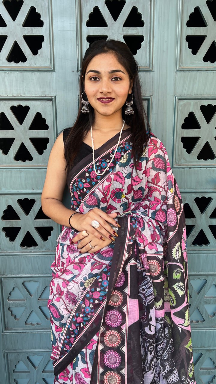 Black Premium Lilan Cotton Digital Floral Print Traditional Artwork Saree