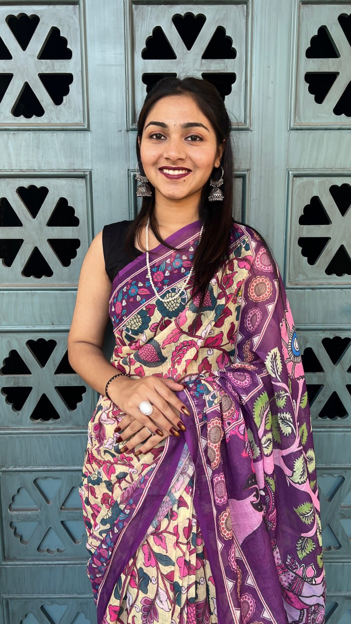 Purple Premium Lilan Cotton Digital Floral Print Traditional Artwork Saree