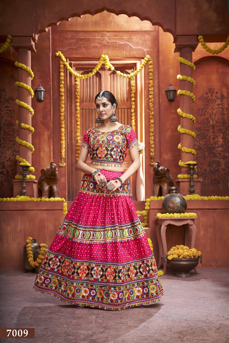 Rani Rajwadi Mix Cotton Silk Bandhni Print With Gamti Real Mirror Navratri Lehenga Choli
