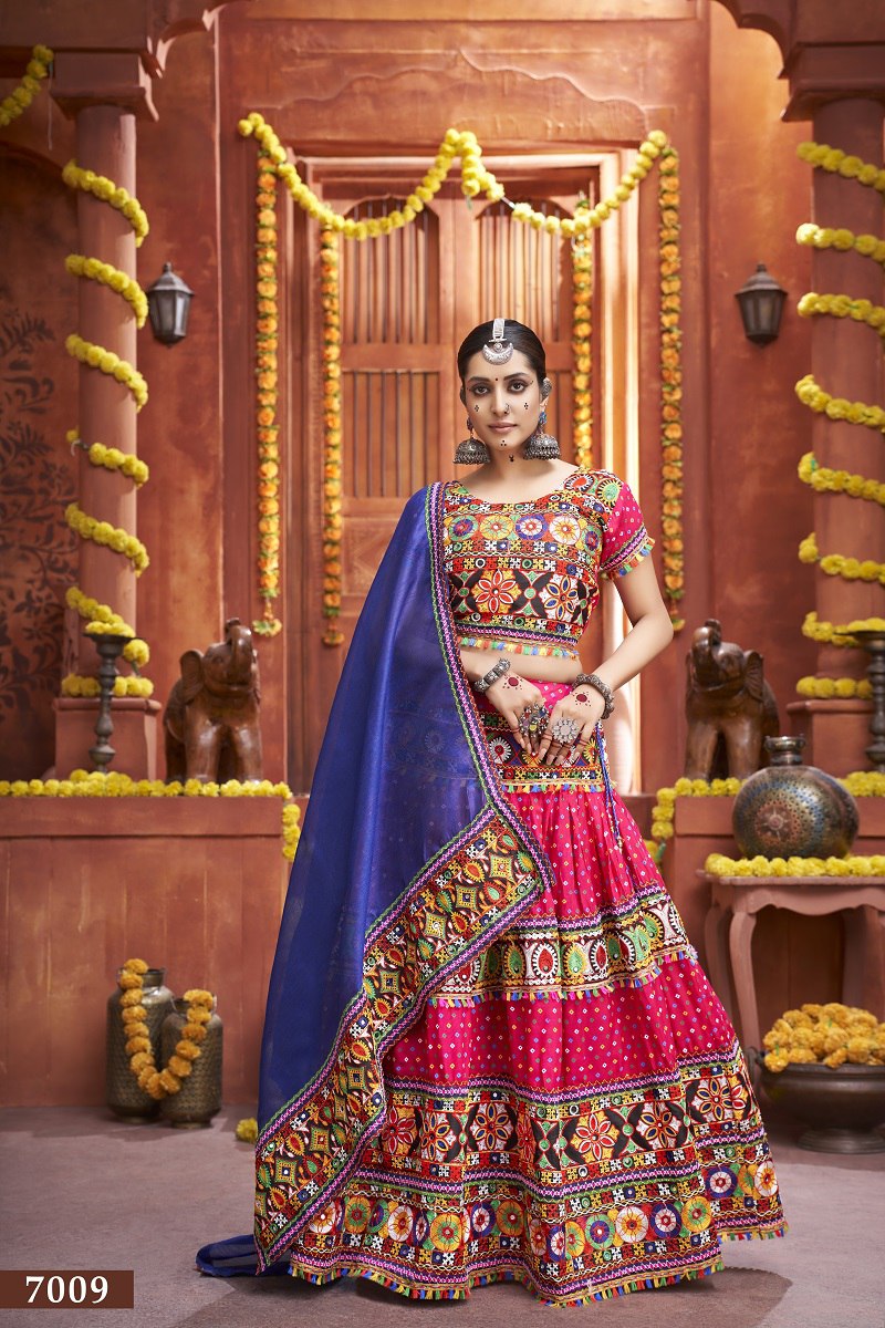 Rani Rajwadi Mix Cotton Silk Bandhni Print With Gamti Real Mirror Navratri Lehenga Choli