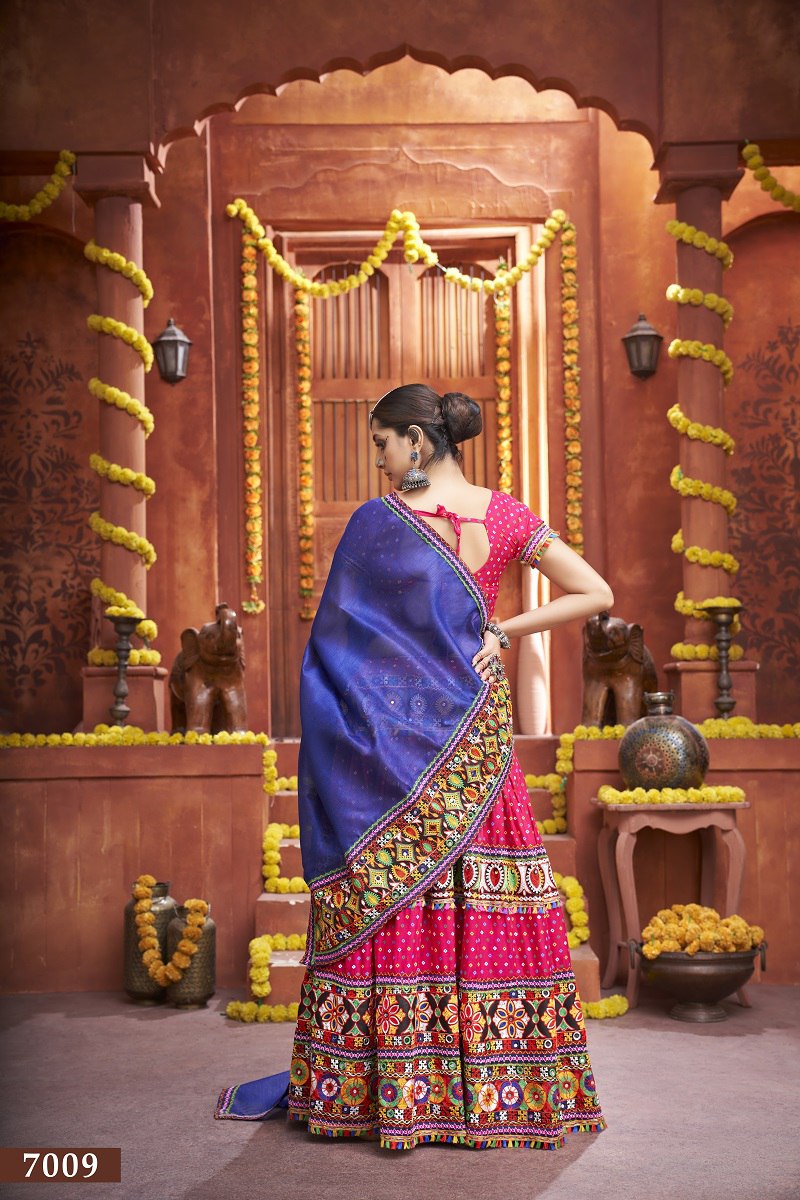 Rani Rajwadi Mix Cotton Silk Bandhni Print With Gamti Real Mirror Navratri Lehenga Choli