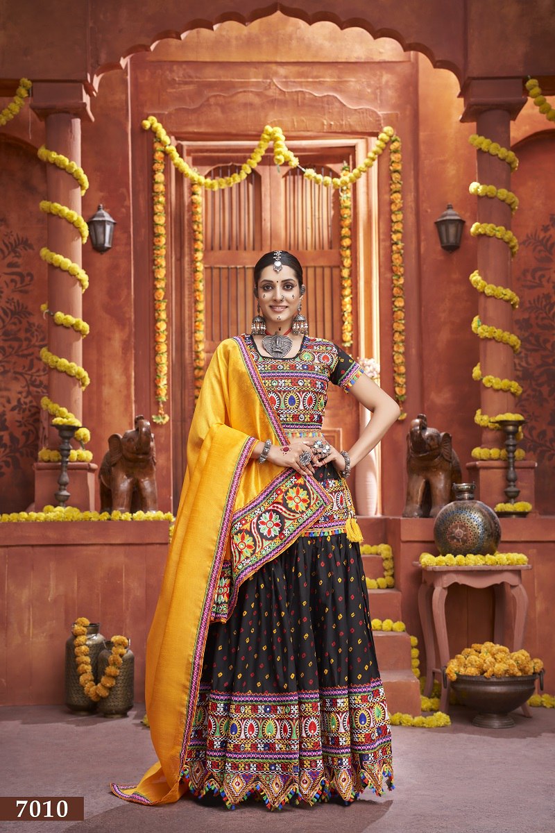 Black Rajwadi Mix Cotton Silk Bandhni Print With Gamti Real Mirror Navratri Lehenga Choli