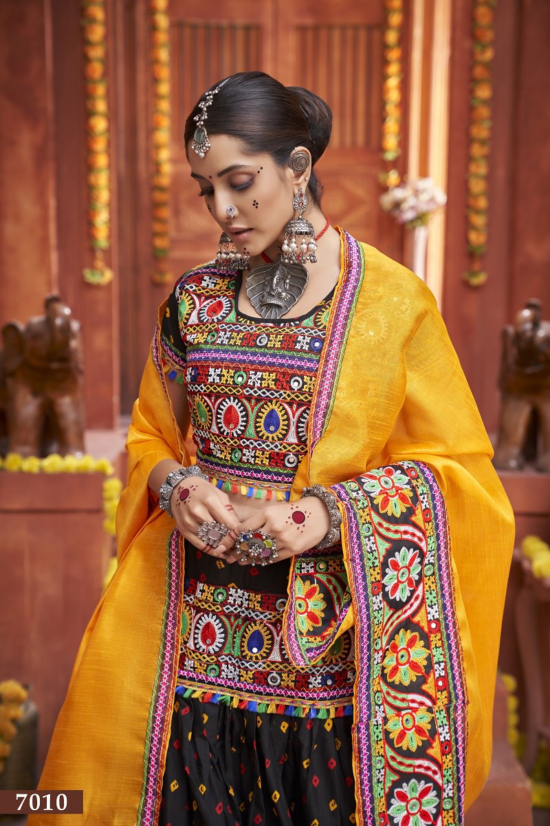 Black Rajwadi Mix Cotton Silk Bandhni Print With Gamti Real Mirror Navratri Lehenga Choli