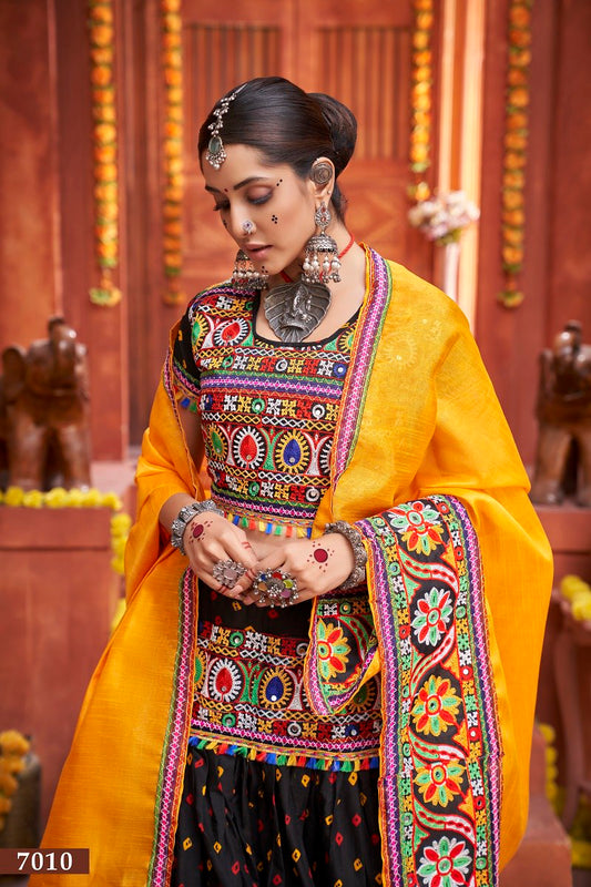 Black Rajwadi Mix Cotton Silk Bandhni Print With Gamti Real Mirror Navratri Lehenga Choli