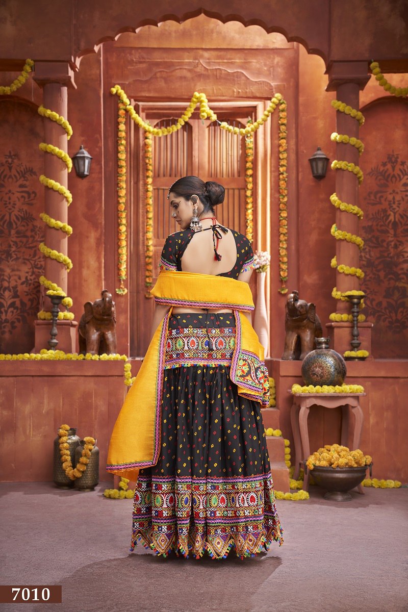 Black Rajwadi Mix Cotton Silk Bandhni Print With Gamti Real Mirror Navratri Lehenga Choli