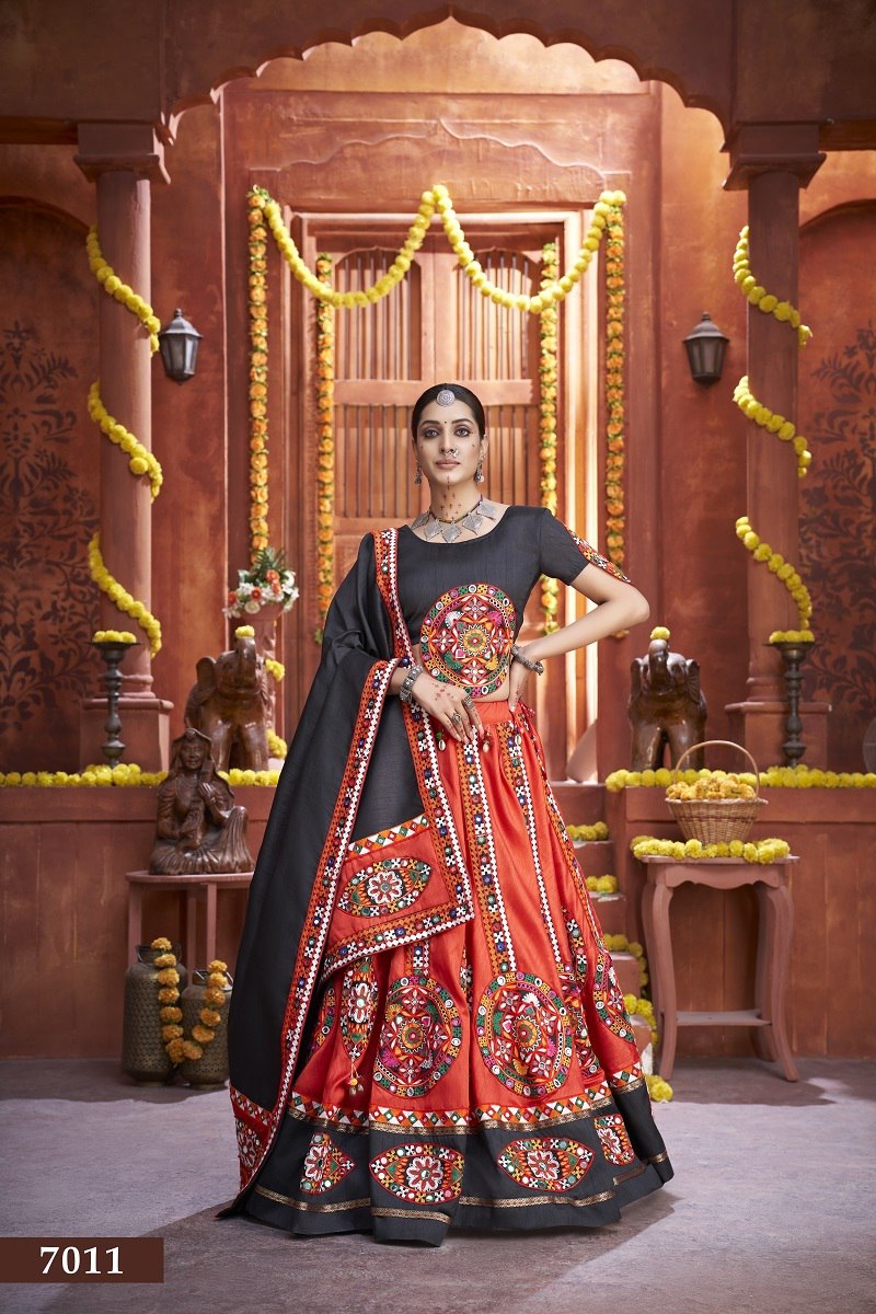 Black Rajwadi Gamthi Butta Lace Mirror Hand Work Navratri Lehenga Choli