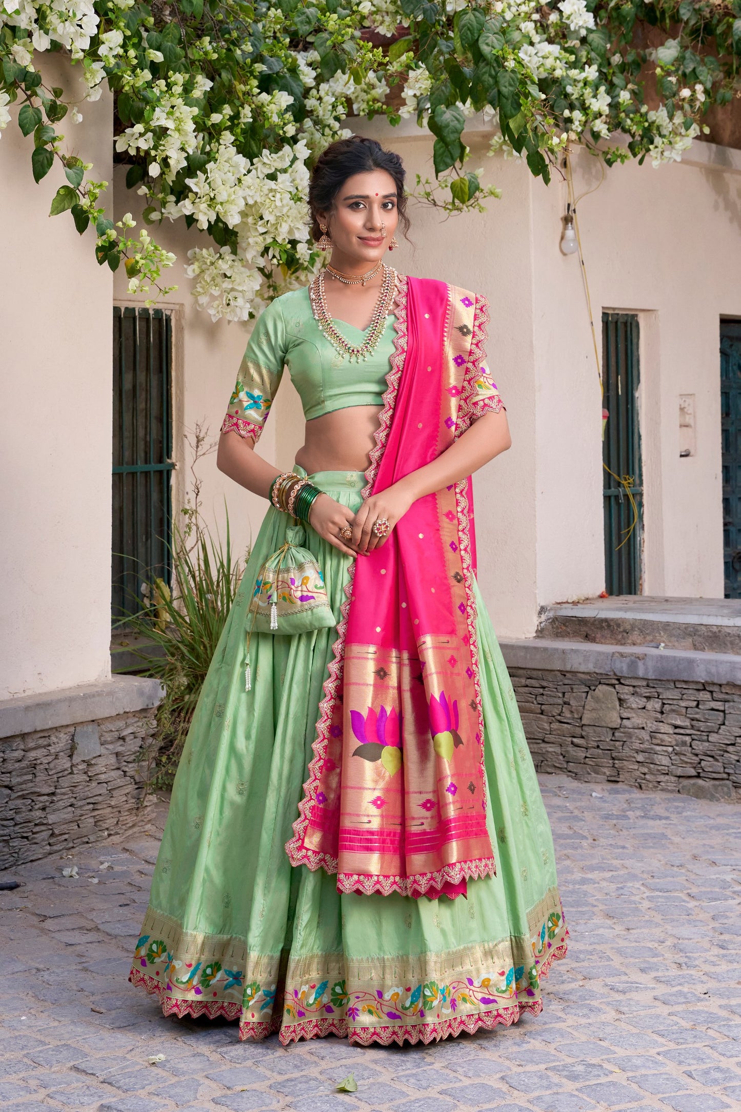 Pista Paithani Silk Zari Weaving Work With Sequins Lehenga Choli